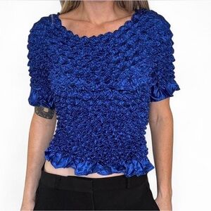 Womens Plisse Crinkle Top Y2K One Size Blue Textured Artsy Popcorn Bubble Shirt